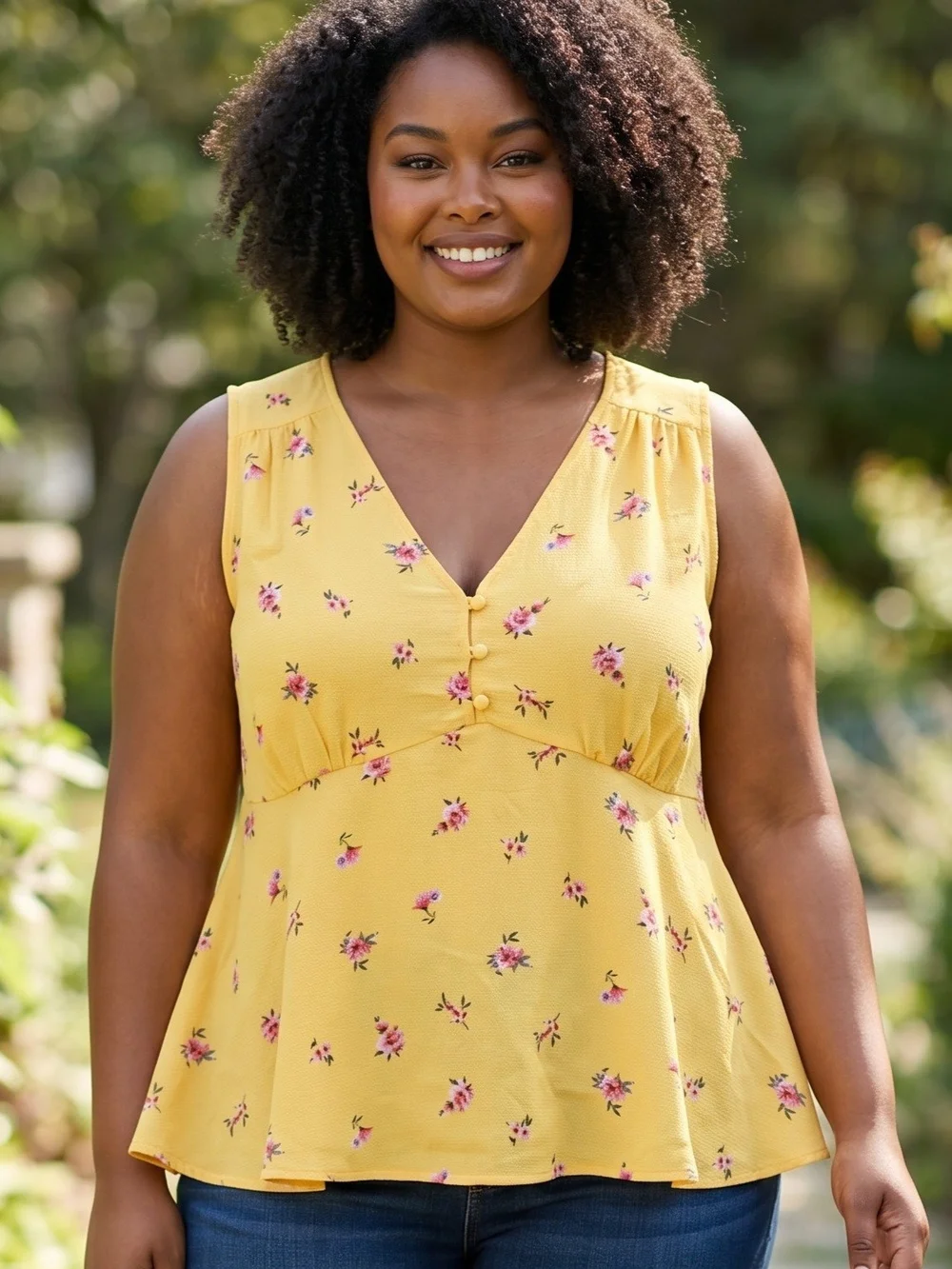 Zenobia Yellow Floral V-Neck Sleeveless Peplum Top - Picture 1 of 3